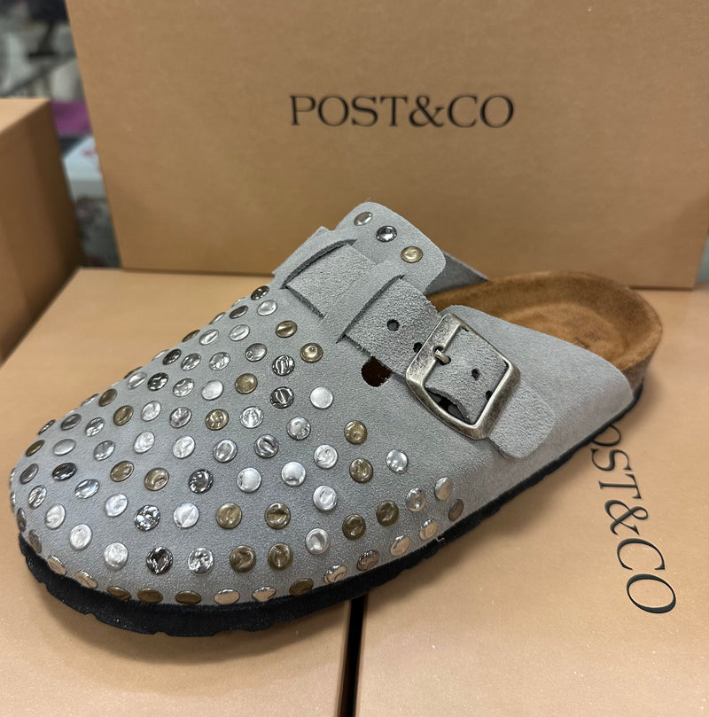 Post & Co Studded Grey Suede Clog