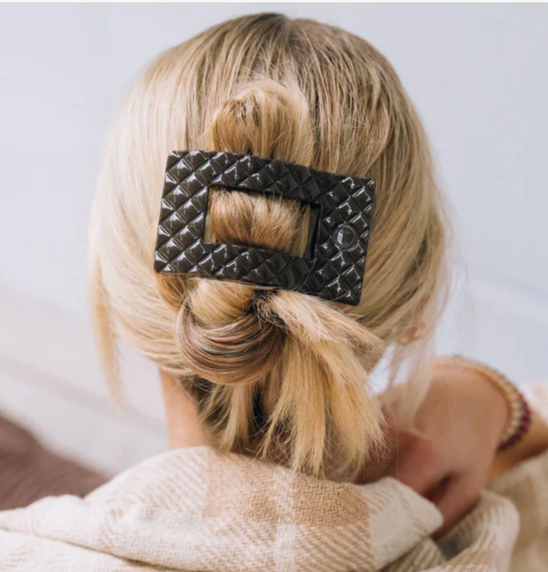 Teleties Jet Black Quilted Medium Flat  Rectangle Hair Clip in Jet Black | 4sisters1closet