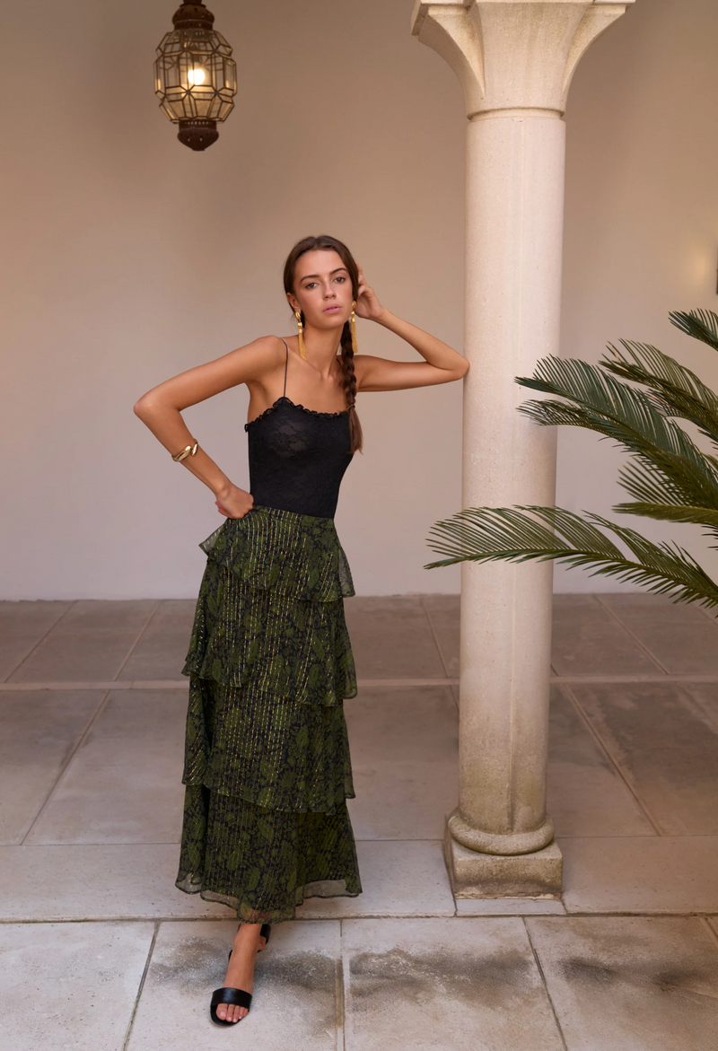 CAMI NYC Gaia Metallic Chiffon  Tiered Maxi Skirt Forest Paisley