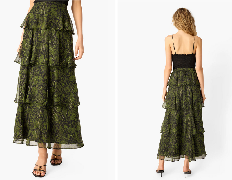 CAMI NYC Gaia Metallic Chiffon  Tiered Maxi Skirt Forest Paisley
