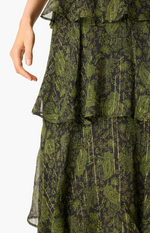 CAMI NYC Gaia Metallic Chiffon  Tiered Maxi Skirt Forest Paisley