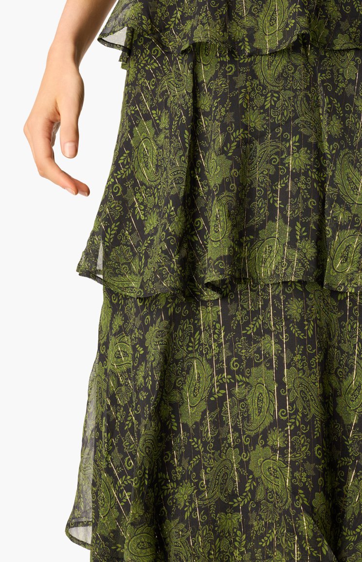 CAMI NYC Gaia Metallic Chiffon  Tiered Maxi Skirt Forest Paisley