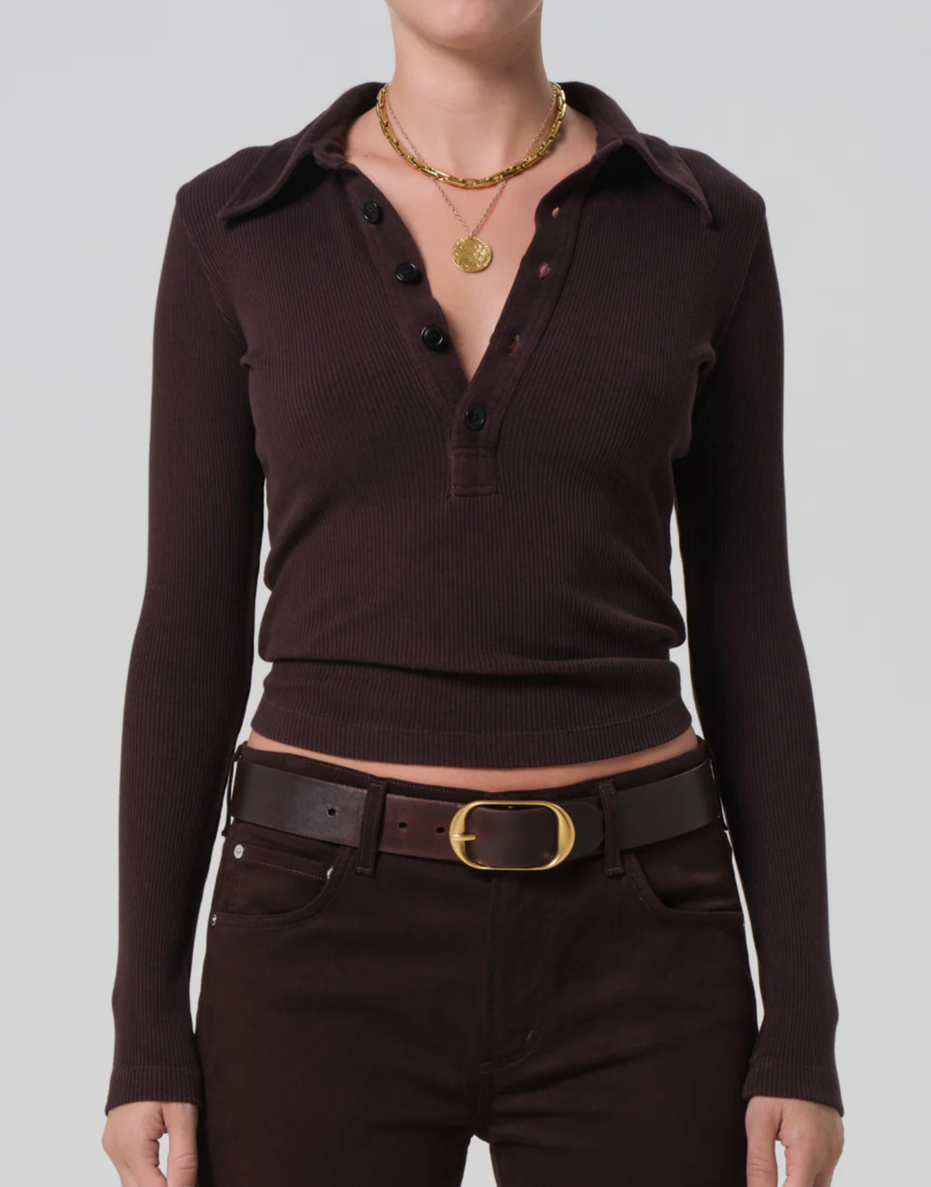 Citizens of Humanity Long Sleeve 60's Polo in Chocolate | 4sisters1closet
