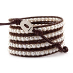 Chan Luu White Pearl Wrap Bracelet on Brown Leather