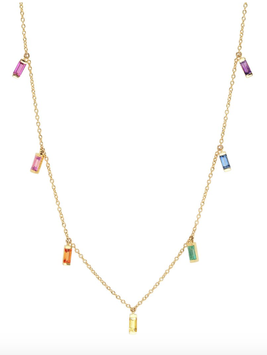  https://4sisters1closet.com/products/eriness-14k-yellow-gold-rainbow-baguette-necklace 14K Yellow Gold Rainbow Baguette Necklace with with Rubies, Sapphires, Amethysts and Emeralds Carat Weight: 0.85 cts. Necklace can be worn at 14" 15" or 16"