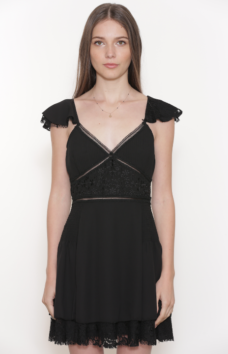 LOVESAM Veiled Lace Cold Shoulder Mini Dress in Caviar | 4sisters1closet