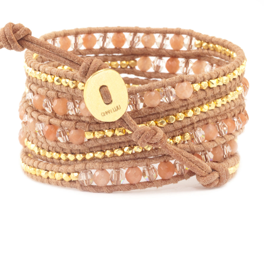 Peach Aventurine Mix Wrap Beige Leather Bracelets Chan Luu