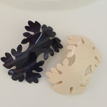  https://4sisters1closet.com/products/french-atelier-barrette-luxe Double leaf barrette. 2.5 x 4 Made in France. Sold by 4Sisters1Closet