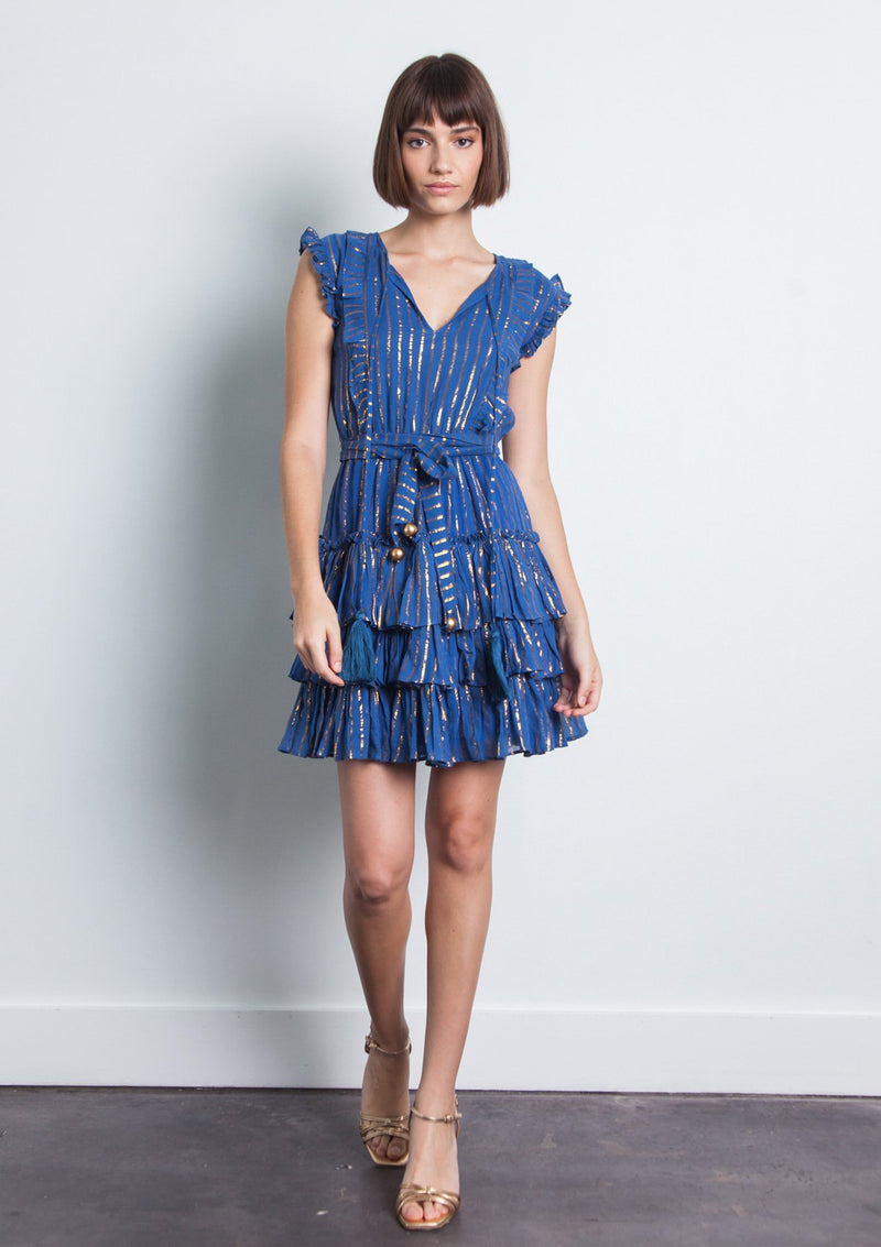 Karina Grimaldi Olga Metallic Mini Dress in Blue | 4sisters1closet